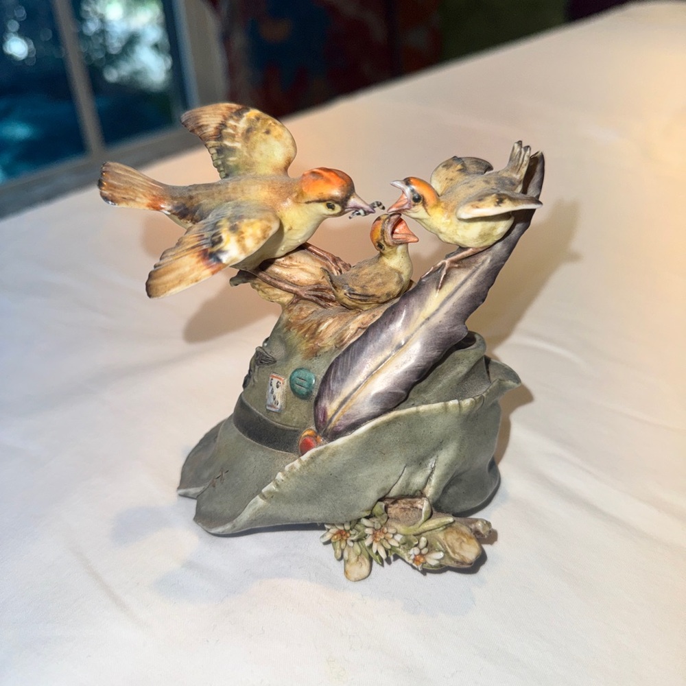 A. Boston Italy Porcelain Bird Figurine - Hand Painted - Birds Feeding Nestlings